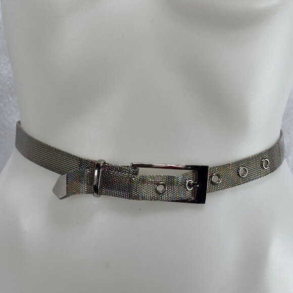 Vintage Metallic Mesh Belt Silver Buckle Detail Adjustable Grommets Size 36 - Picture 8 of 9